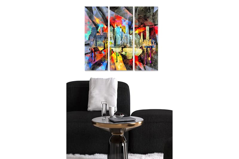 Canvastavla i trä 3-delar 50x70 cm - Färgstark stadsbild med abstrakta former och silhuetter av byggnader, Röd / Blå / Gul