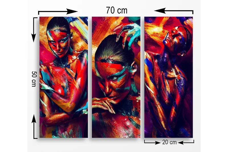 Canvastavla i trä 3-delar 50x70 cm - Färgstark porträttserie av människor med uttrycksfulla ansiktsmålningar - Röd / Blå / Orange - Inredning - Tavlor & konst - Canvastavlor