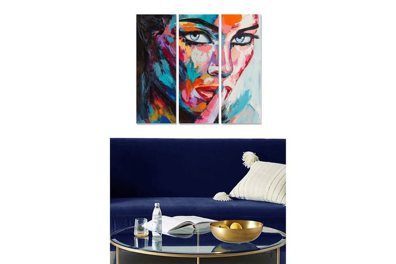 Canvastavla i trä 3-delar 50x70 cm - Färgstark porträtt av en kvinna med en uttrycksfull blick, Blå / Röd / Orange