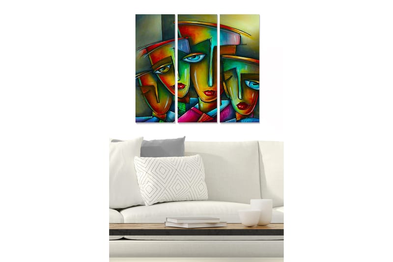 Canvastavla i trä 3-delar 50x70 cm - Färgstarka ansikten med geometriska former, Röd / Grön / Blå