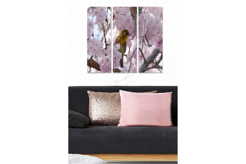Canvastavla i trä 3-delar 50x70 cm - Fågel bland blommande körsbärsträd, Rosa / Grön / Brun