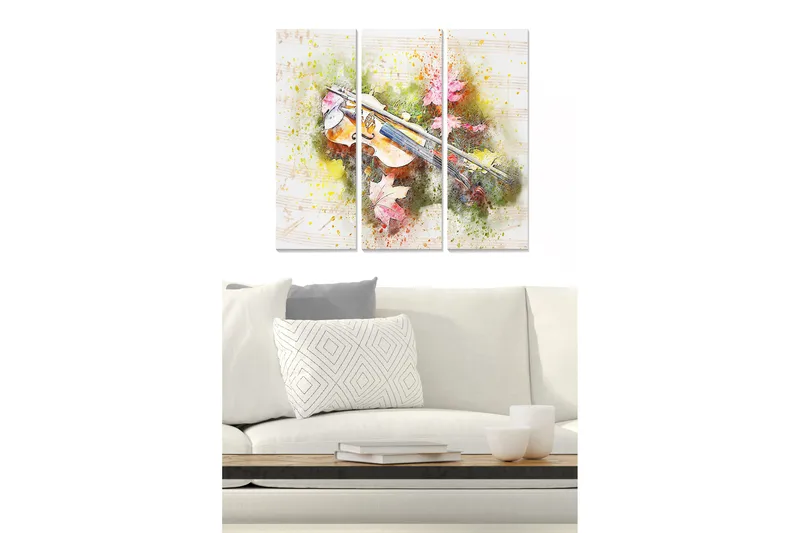 Canvastavla i trä 3-delar 50x70 cm - Fiol omgiven av färgglada höstlöv, Grön / Rosa / Gul