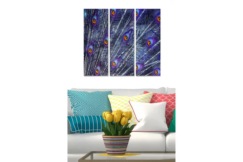 Canvastavla i trä 3-delar 50x70 cm - Fjäderverk med påfågelsögon i livfulla färger, Lila / Grön / Guld