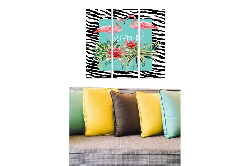 Canvastavla i trä 3-delar 50x70 cm - Flamingos omgivna av tropiska växter i en färgglad komposition, Rosa / Grön / Svart