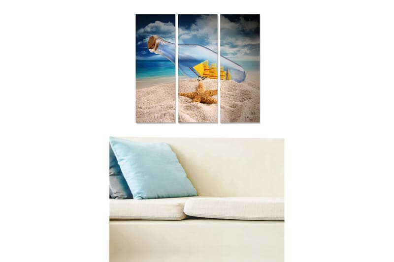 Canvastavla i trä 3-delar 50x70 cm - Flaska med ett segelfartyg på sandstrand, Blå / Beige / Gul