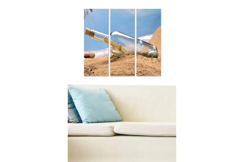 Canvastavla i trä 3-delar 50x70 cm - Flaska med meddelande begravd i sanden, Blå / Beige / Transparent