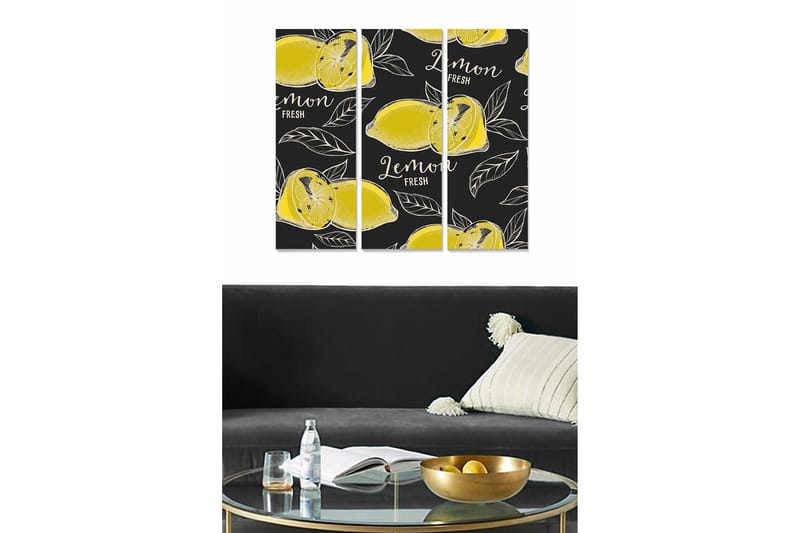 Canvastavla i trä 3-delar 50x70 cm - Fräscha citroner med blad på en mörk bakgrund - Gul / Svart - Inredning - Tavlor & konst - Canvastavlor
