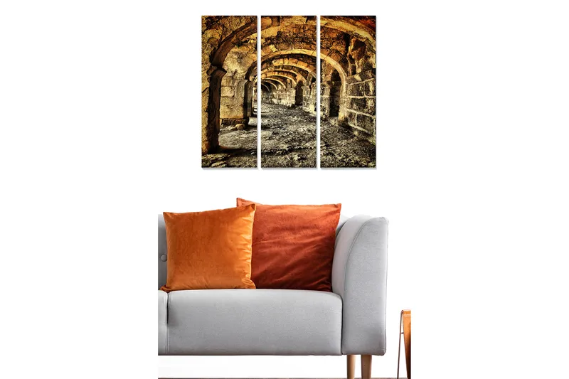 Canvastavla i trä 3-delar 50x70 cm - Gamla valv i en stenig korridor - Guld / Grå / Brun - Inredning - Tavlor & konst - Canvastavlor