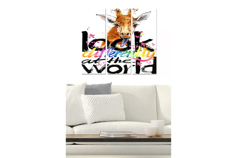 Canvastavla i trä 3-delar 50x70 cm - Giraff med lekfullt uttryck och färgglad text, Orange / Svart / Rosa