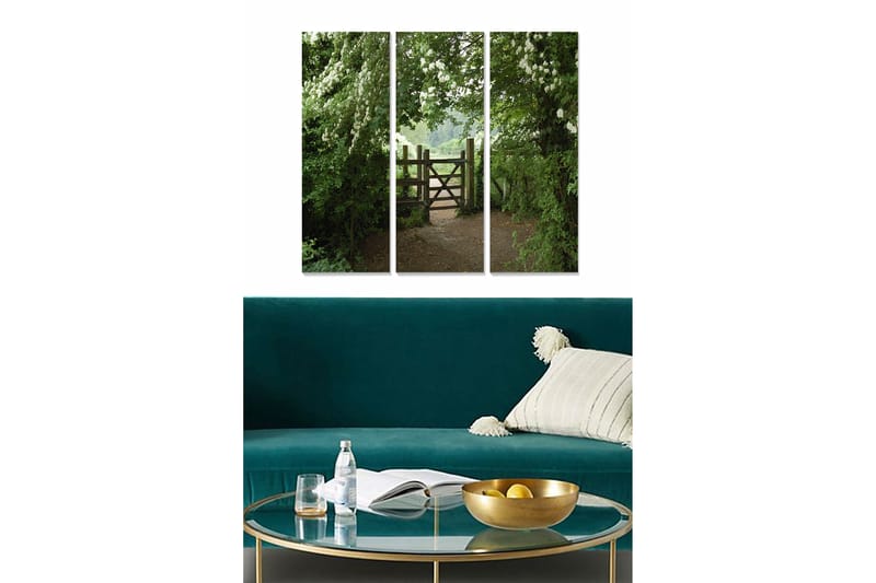 Canvastavla i trä 3-delar 50x70 cm - Grönskande landskap med en trägrind - Grön / Brun / Vit - Inredning - Tavlor & konst - Canvastavlor