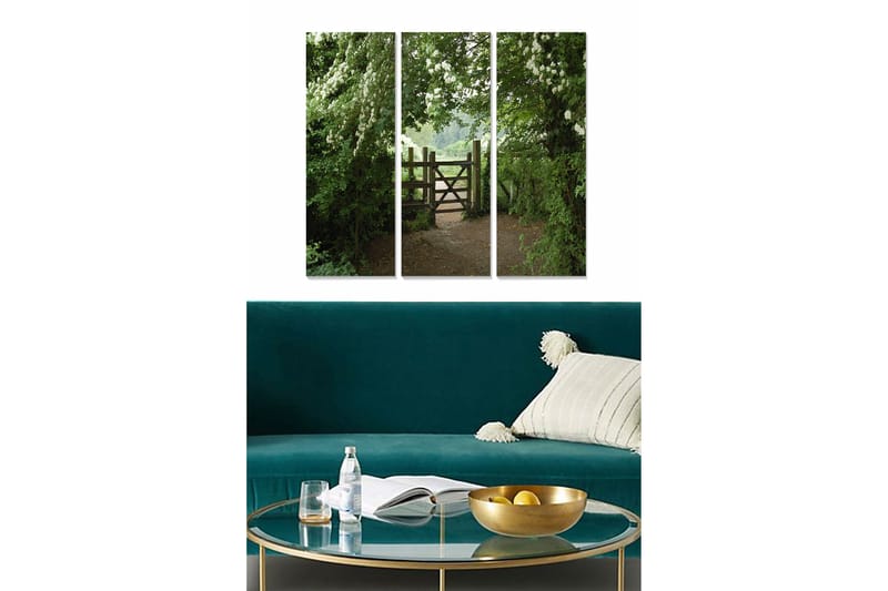 Canvastavla i trä 3-delar 50x70 cm - Grönskande landskap med en trägrind - Grön / Brun / Vit - Inredning - Tavlor & konst - Canvastavlor