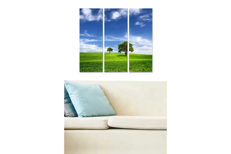 Canvastavla i trä 3-delar 50x70 cm - Grönskande landskap med träd och blå himmel, Grön / Blå