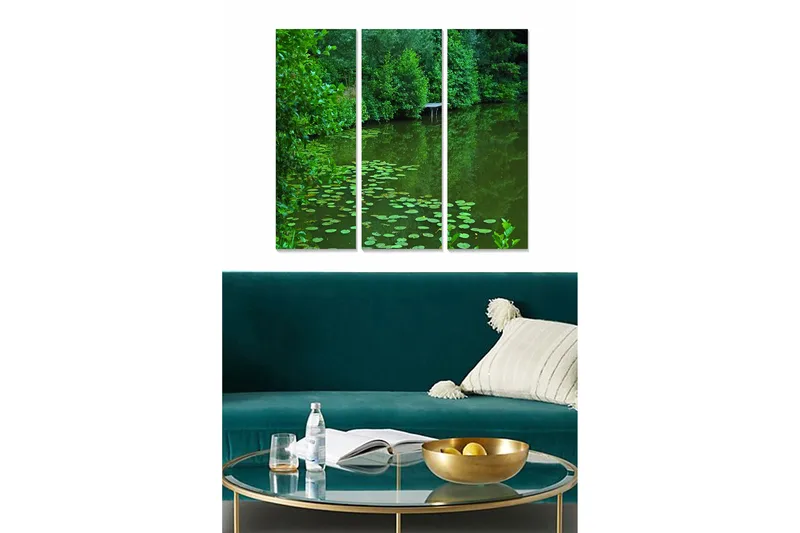 Canvastavla i trä 3-delar 50x70 cm - Grönskande sjö med näckrosor, Mörkgrön / Ljusgrön