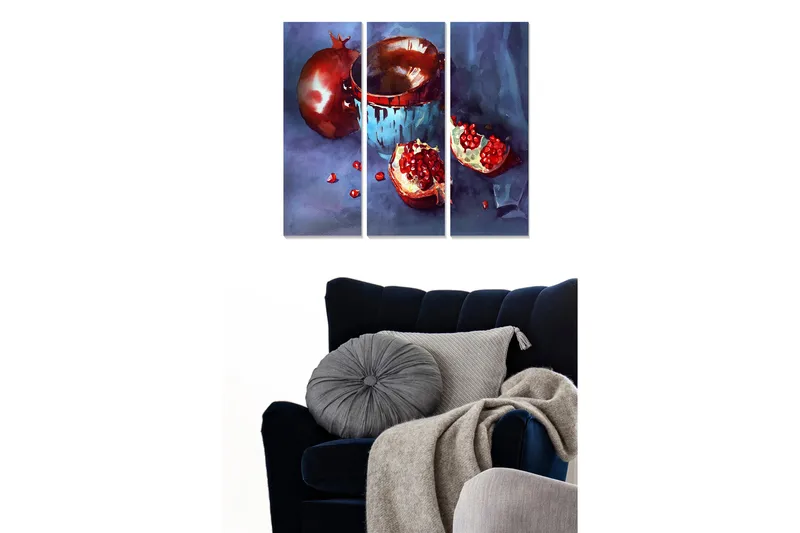 Canvastavla i trä 3-delar 50x70 cm - Granatäpple och skål i en stillsam komposition - Röd / Blå / Vit - Inredning - Tavlor & konst - Canvastavlor