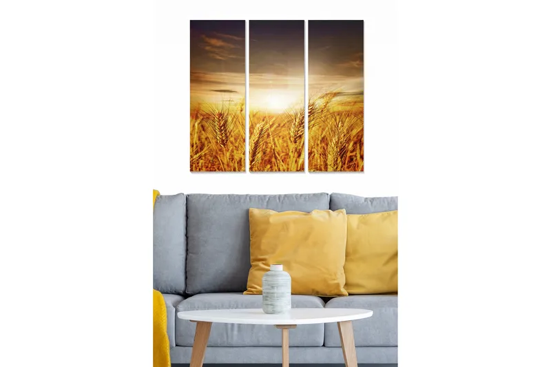 Canvastavla i trä 3-delar 50x70 cm - Gyllene vetefält under en solnedgång - Guld / Orange / Brun - Inredning - Tavlor & konst - Canvastavlor