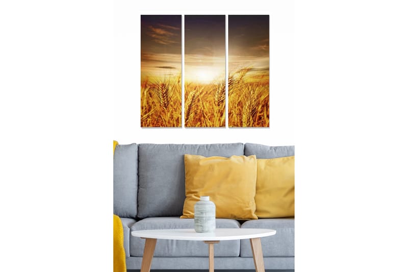 Canvastavla i trä 3-delar 50x70 cm - Gyllene vetefält under en solnedgång - Guld / Orange / Brun - Inredning - Tavlor & konst - Canvastavlor