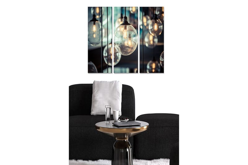 Canvastavla i trä 3-delar 50x70 cm - Hängande glödlampor i en modern komposition - Klar glas / Svart / Guld - Inredning - Tavlor & konst - Canvastavlor