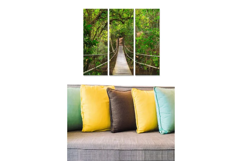 Canvastavla i trä 3-delar 50x70 cm - Hängbro som sträcker sig genom en grönskande skog, Grön / Brun / Beige