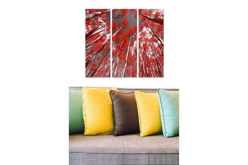 Canvastavla i trä 3-delar 50x70 cm - Höga träd med brinnande röda löv mot en grå himmel, Röd / Grå