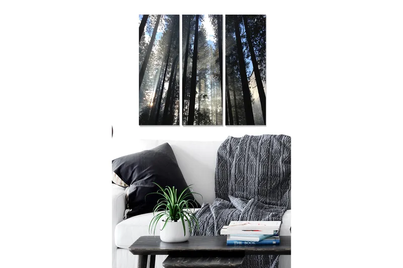 Canvastavla i trä 3-delar 50x70 cm - Höga träd som sträcker sig mot en dimmig himmel, Mörkgrön / Svart / Ljusblå