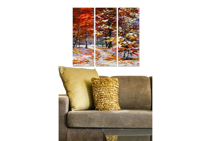 Canvastavla i trä 3-delar 50x70 cm - Höstlandskap med färgglada träd och snöig mark, Röd / Gul / Vit