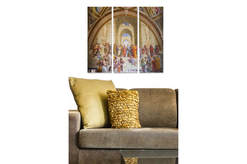Canvastavla i trä 3-delar 50x70 cm - Historisk scen med samling av filosofer och tänkare i en stor hall, Beige / Röd / Blå