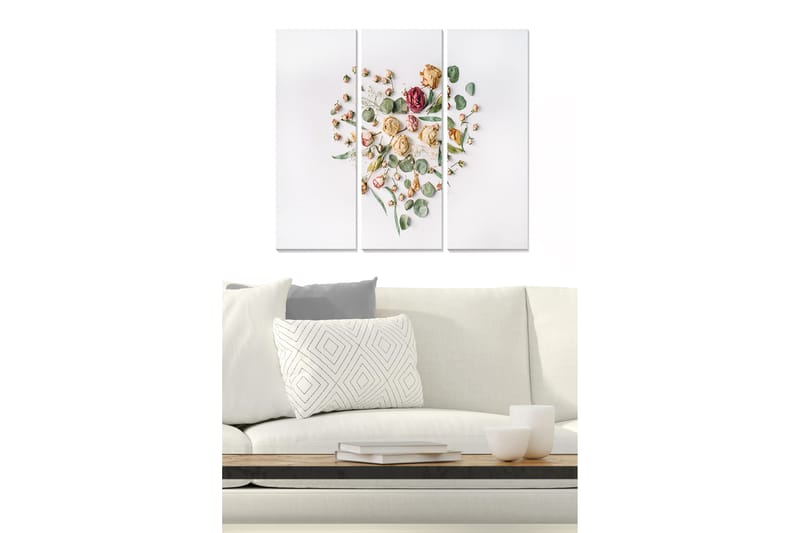 Canvastavla i trä 3-delar 50x70 cm - Hjärtformad komposition av torkade blommor och gröna blad - Rosa / Grön / Beige - Inredning - Tavlor & konst - Canvastavlor
