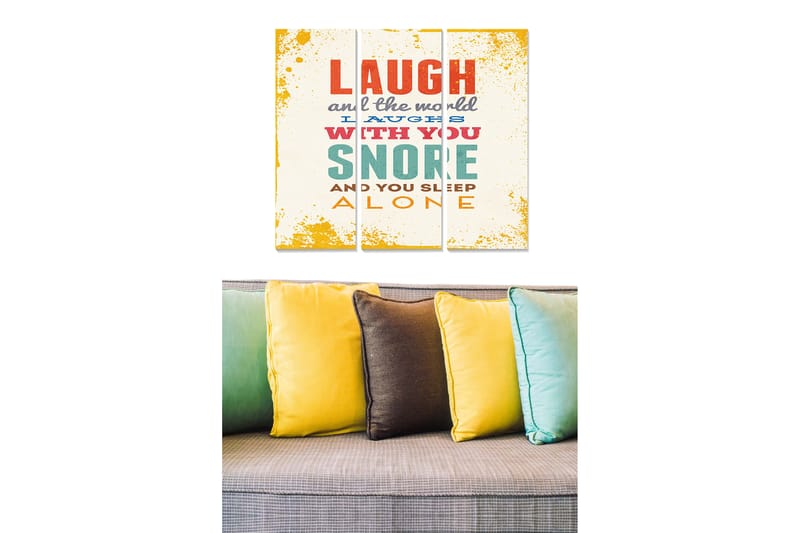 Canvastavla i trä 3-delar 50x70 cm - Humoristisk typografi med citat om skratt och sömn - Gul / Röd / Turkos - Inredning - Tavlor & konst - Canvastavlor