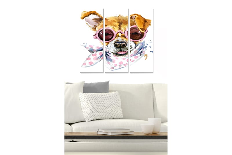 Canvastavla i trä 3-delar 50x70 cm - Hund med solglasögon och scarf i lekfull stil, Brun / Rosa / Vit