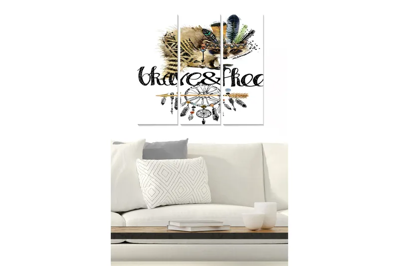Canvastavla i trä 3-delar 50x70 cm - Igelkott med fjädrar och drömfångare, Svart / Brun / Grön
