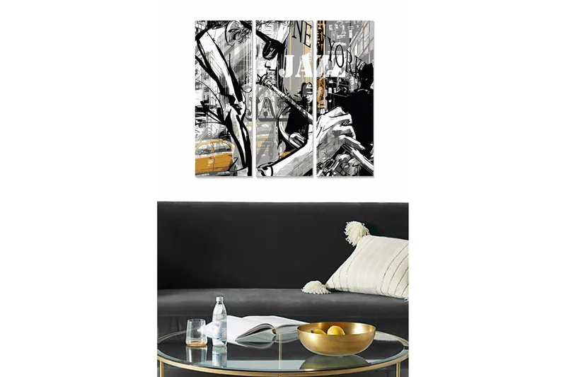 Canvastavla i trä 3-delar 50x70 cm - Jazzmusiker i en urban miljö, Svart / Grå / Gul