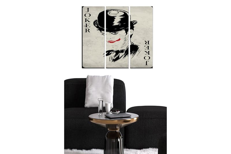 Canvastavla i trä 3-delar 50x70 cm - Jokerporträtt med dramatisk sminkning och hatt, Svart / Röd / Beige