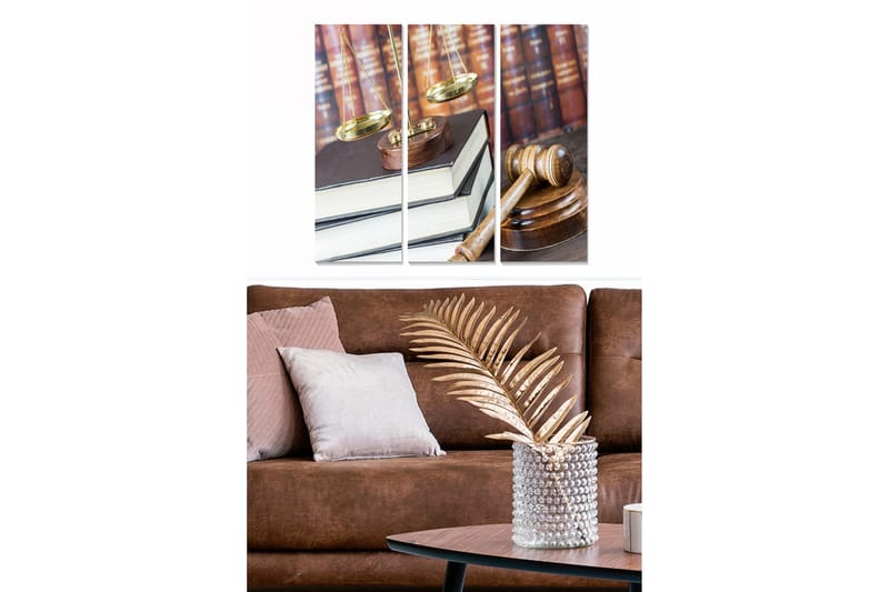 Canvastavla i trä 3-delar 50x70 cm - Juridisk symbolik med våg, domarklubba och böcker - Guld / Brun / Vit - Inredning - Tavlor & konst - Canvastavlor