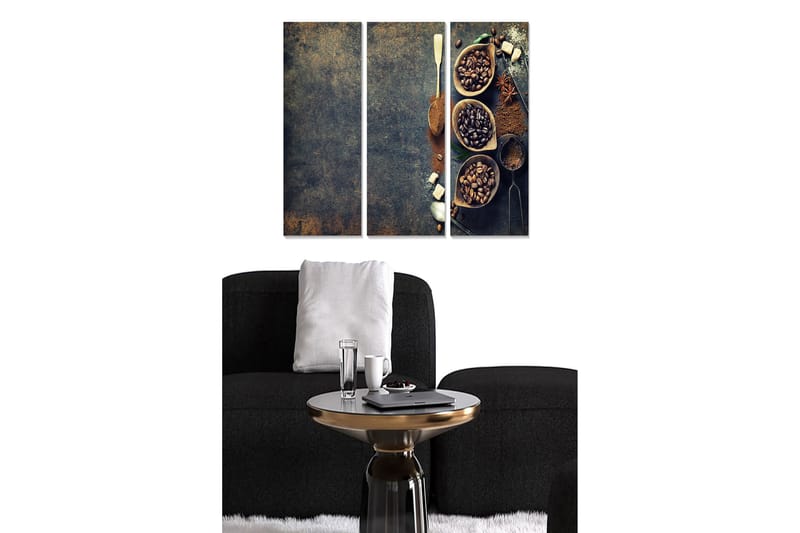Canvastavla i trä 3-delar 50x70 cm - Kaffe- och kryddkomposition i skålar, Mörkbrun / Beige / Svart