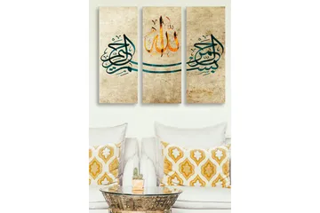 Canvastavla i trä 3-delar 50x70 cm - Kalligrafisk komposition med ordet Allah i centrum - Mörkblå / Orange / Beige - Inredning - Tavlor & konst - Canvastavlor