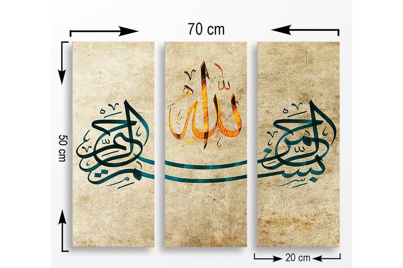 Canvastavla i trä 3-delar 50x70 cm - Kalligrafisk komposition med ordet Allah i centrum - Mörkblå / Orange / Beige - Inredning - Tavlor & konst - Canvastavlor