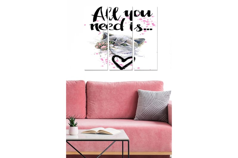 Canvastavla i trä 3-delar 50x70 cm - Kattporträtt med en kärleksfull text och hjärta, Grå / Rosa / Svart