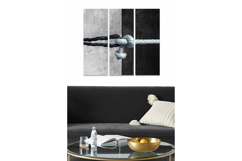 Canvastavla i trä 3-delar 50x70 cm - Knut av rep i kontrasterande svart och vitt, Svart / Vitt / Grått