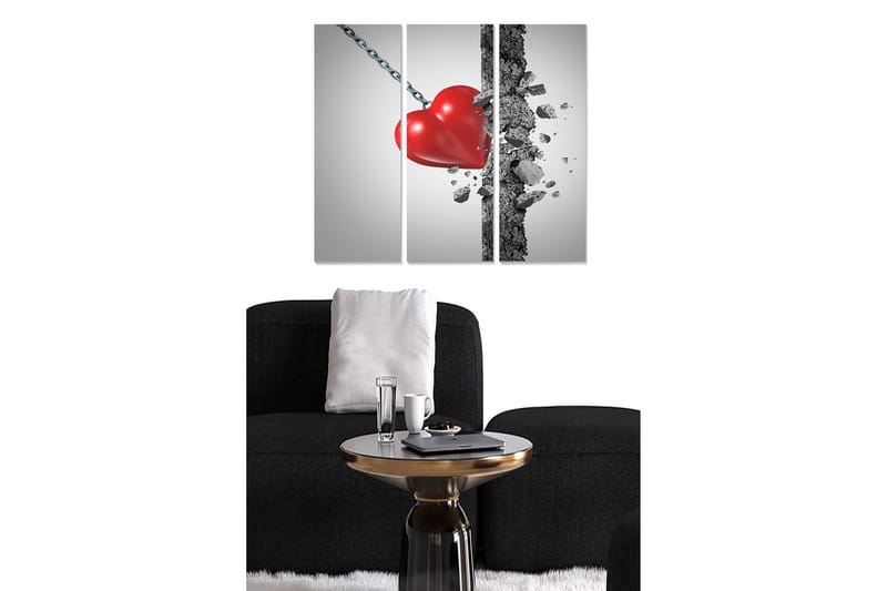 Canvastavla i trä 3-delar 50x70 cm - Krossat hjärta som hänger i en kedja - Röd / Grå / Svart - Inredning - Tavlor & konst - Canvastavlor