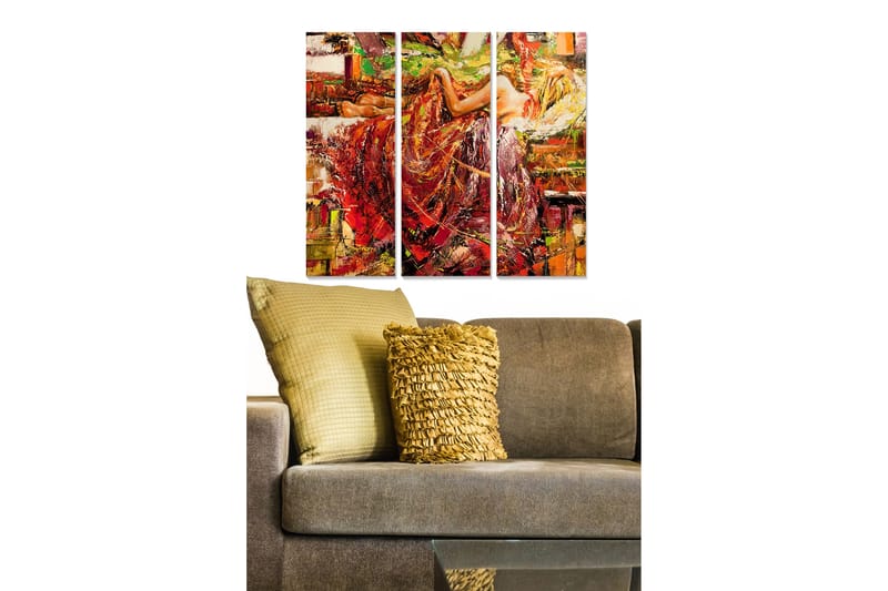 Canvastavla i trä 3-delar 50x70 cm - Kvinna i röd klänning i en livfull och abstrakt komposition, Röd / Orange / Gul