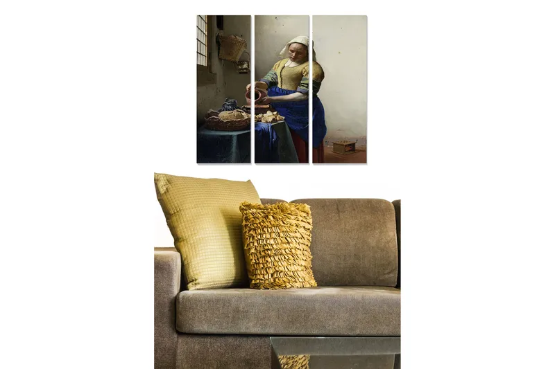 Canvastavla i trä 3-delar 50x70 cm - Kvinna som häller mjölk i en skål vid ett bord, Blå / Gul / Brun