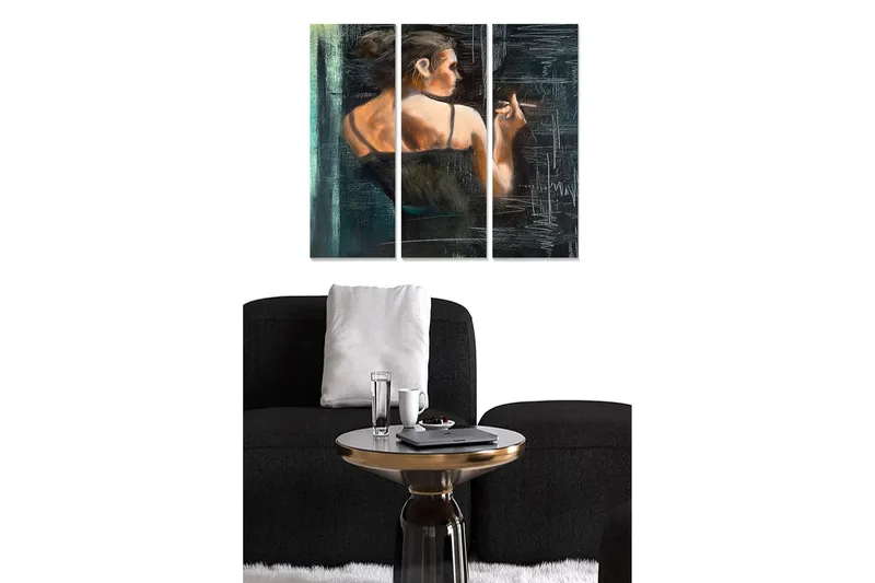 Canvastavla i trä 3-delar 50x70 cm - Kvinnlig silhuett som vänder ryggen mot betraktaren och håller en cigarett, Mörkblå / Hudfärg / Svart