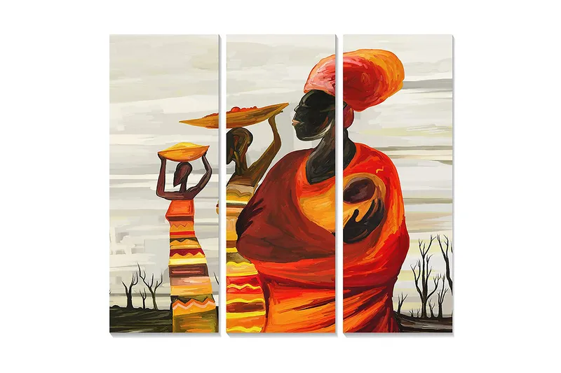 Canvastavla i trä 3-delar 50x70 cm - Kvinnor som bär frukter på huvudet i en färgglad och kulturell komposition, Orange / Gul / Röd