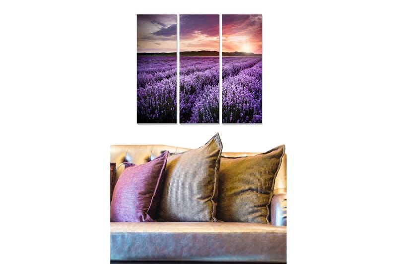 Canvastavla i trä 3-delar 50x70 cm - Lavendelfält under en färgsprakande solnedgång, Lila / Rosa / Grön
