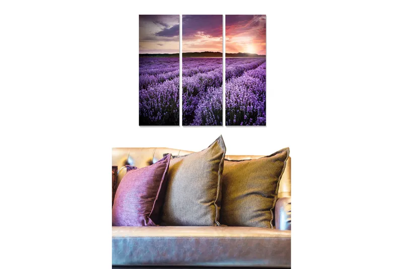 Canvastavla i trä 3-delar 50x70 cm - Lavendelfält under en färgsprakande solnedgång, Lila / Rosa / Grön