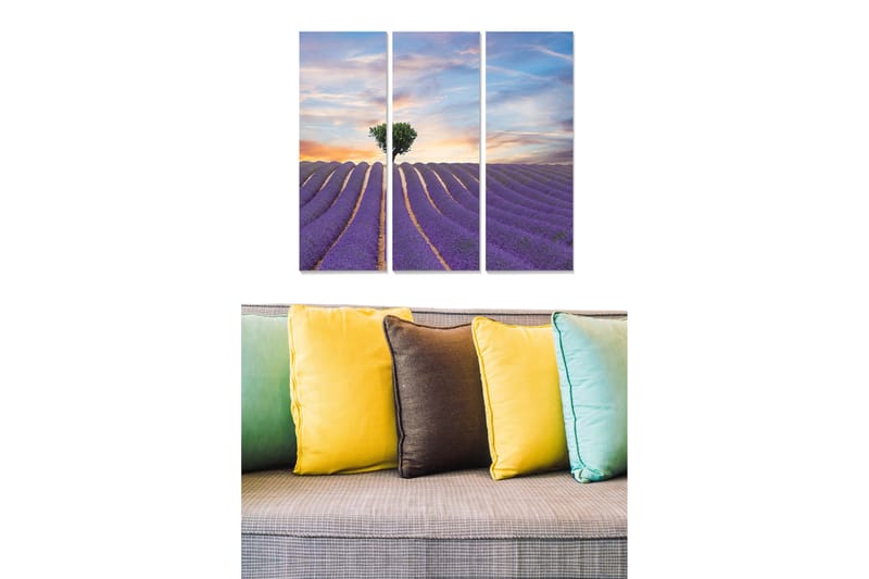 Canvastavla i trä 3-delar 50x70 cm - Lavendelfält under en solnedgång med en ensam trädkontur - Lila / Grön / Orange - Inredning - Tavlor & konst - Canvastavlor