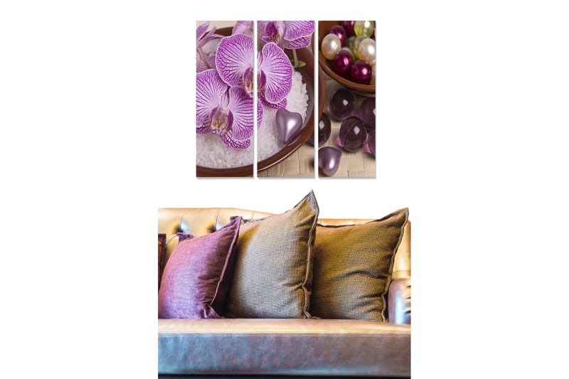 Canvastavla i trä 3-delar 50x70 cm - Lila orkidéer i en skål med dekorationer, Lila / Vit / Grön