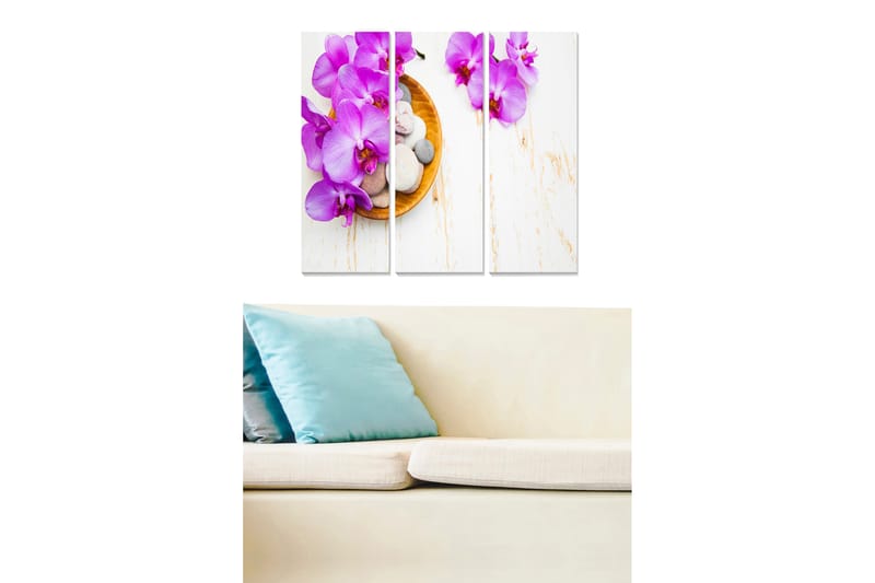 Canvastavla i trä 3-delar 50x70 cm - Lila orkidéer i en skål med stenar - Lila / Beige / Vit - Inredning - Tavlor & konst - Canvastavlor
