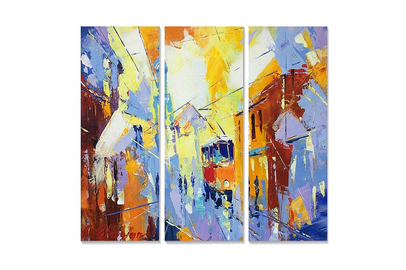 Canvastavla i trä 3-delar 50x70 cm - Livlig stadsbild med en spårvagn i rörelse, Blå / Orange / Gul