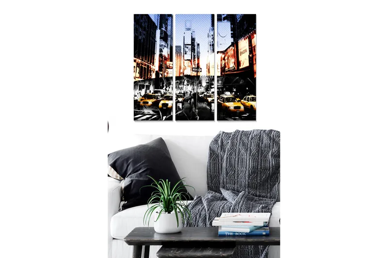 Canvastavla i trä 3-delar 50x70 cm - Livlig stadsbild med gula taxibilar i en urban miljö - Gult / Svart / Blått - Inredning - Tavlor & konst - Canvastavlor